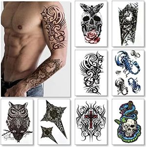 Temporary Tattoos For Men Guys Boys & Teens - Fake Half Arm Tattoos Sleeves For Arms Shoulders Chest Back Legs Cross Skull Owl Clock Scorpion Rose Realistic Waterproof Transfers 8 Sheets 8x6"