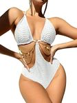 OYOANGLE Women's Chain Linked Cut Out Halter One Piece Swimsuit Tummy Control Bathing Suit White S