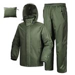 33,000ft Men's Waterproof Rainsuit Hooded Rain Jacket Rain Trousers Packable Raincoat Sets Windproof Two Piece Rain Suit with Safety Reflectors for Fishing Hiking Camping Army Green L