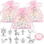 50 Pcs Baby Shower Girls Guests Gifts Baby Shower Charms Pink Organza Bags Pink Ribbon Roll Baby Shower Favours Ideas Presents Christening Party Supplies Set