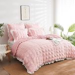 LAWENDA Seersucker Bed Linen Pink 200 x 240 cm Romantic Checked Seersucker Bed Linen Set Breathable Soft Fluffy Duvet Cover with White Ruffles and 2 Pillowcases 80 x 82 cm