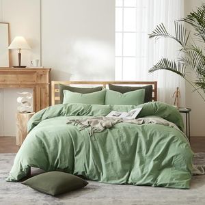 AMWAN Modern Style Sage Green Duvet Cover 100% Washed Cotton Light Bedding Sets Hotel Quality Solid Color Comforter 1 with 2 Pillowcases Set, Full/Queen(90''x90'')