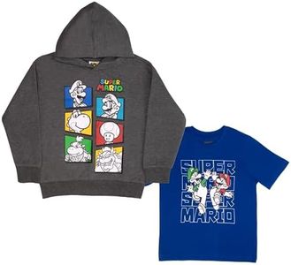 Nintendo Super Mario Hoodie and T-Shirt Combo 2-Pack for Boys, Boys Super Mario Hooded Sweatshirt and Tee Bundle Set, Grey/Blue, 7
