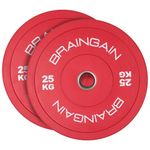 BRAINGAIN Olympic COLOURED Bumper Plates PAIR 25kg (2x 25kg), 2" Solid Rubber Weight Plates for Barbell Strength Training and Weight Lifting