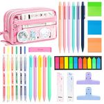 MeCids Aesthetic School Supplies with Large Capacity Pencil Case Set - 6 Highlighters, 5 Ink Gel Pens, 6 Pastel Mechanical Pencils and Lead Refills Eraser Sticky Note Paper Clip Clamp (27pcs)