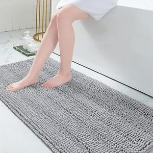 Grandaily Chenille Striped Bathroom Rugs 70x24, Extra Thick and Absorbent Bath Rugs, Non-Slip Soft Plush Shaggy Bath Carpet, Machine Wash Dry, Bath Mats for Bathroom, Grey
