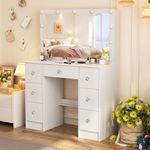 onesaimei Makeup Vanity Desk with Large Mirror, Vanity Table with 6 Drawers, Dressing Vanity Table for Bedroom, Built-in Light Bulb with Adjustable, Ivory White