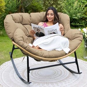 FINCATI Outdoor Indoor Papasan Rocking Chair,450 lbs Oversized Wicker Rattan Egg Recliner Chair with Padded Cushion, Patio Lounge Rocker Chair for Balcony Porch Garden Living Room Bedroom Brown