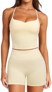 RXRXCOCO Color Block Workout Sets for Women 2 Piece Padded Strappy Tank Tops Hidden Scrunch Booty Shorts with Pockets Yellow Large
