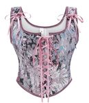 Bslingerie Satin Corset Lace Up Crop Top Clubwear (S, Purple Floral)