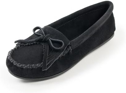 Minnetonka Women's Kilty Suede Hardsole Moccasin, Black, 7 M US