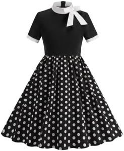 ODIZLI Girls 1950s Retro Polka Dot Swing Dress with Pockets Black 5-6 Years