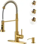 Kitchen Sink Faucet with Soap Dispenser: Brushed Gold Kitchen Faucets with Pull Down Sprayer - Stainless Steel Single Handle Kitchen Faucet with Deck Plate for Farmhouse RV Laundry