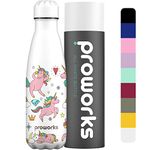 Proworks Stainless Steel Water Bottle, BPA Free Vacuum Insulated Metal Water Bottle for 12 Hours Hot & 24 Hours Cold Drinks, Sports Flask Great for Work, Gym, Travel - 500ml (White Unicorn, 500ml)