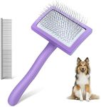 WOPQAEM Slicker Brush for Dogs, Long Pin Brush for Shedding Medium & Long Haired Cats. Grooming Tool for Removes Loose Fur, Tangles, Knots, Undercoat, Include Pet Comb. Medium, Purple