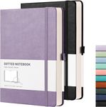 RETTACY A5 Dotted Notebook 2 Pack - Bullet Dot Grid Journal with 320 Numbered Pages Hardcover 120gsm Thick Paper, 8 Perforated Sheets, Pen Holder, Inner Pocket 14.5 x 21cm - Black Purple