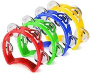 Flexzion Half Moon Musical Tambourine Set of 4, Red Yellow Blue Green, Double Row Metal Jingles Hand Held Percussion Drum with Ergonomic Handle Grip