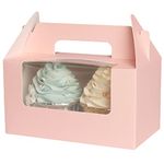 qiqee Pink 2 Cupcake Boxes 50pcs 6.5x3.6x3.5inch (2.2" Top) Two Holder Cupcake Boxes with Window