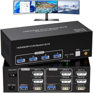 ATLAHET KVM Switch 3 Monitors 2 Computers 8K@60Hz 4K@120Hz, HDMI+2 Displayport KVM Switches Share Triple Monitor and 4 USB Devices Like Keyboard Mouse ATC, Includes Desktop Control and Power Adapte