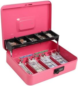 Cash Box with Money Tray and Combination Lock, Parrency Large Money Box, 5 Compartments for Cions & 4 Spring-Loaded Clips for Bills, 11 4/5" x 9 2/5" x 3 1/2", Pink