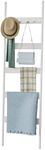 Blanket Ladder, 5-Tier Towel Holder with 4 Removable Hooks, Farmhouse Wall Leaning Decorative Rack Shelf, Wooden Towel Display Rack, Quilt Ladder for Living Room, Bedroom, White