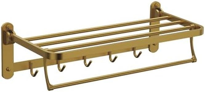 GRANDJOY 23.6" Foldable Towel Rack with Shelf & Hooks, Brushed Gold