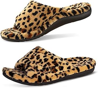 GRITHEIM Women's Orthotic Arch Support Slippers Fuzzy Adjustable Orthopedic Slippers for Plantar Fasciitis Furry Slide Slippers for Ladies, Leopard, 8