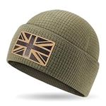 Outdoor Shaping Leather UK Flag Patch, Grid Fleece Cuffed Beanie Waffle Knit, Tactical Army Military Skull Cap Warm, Unisex Hat One Size, Outdoor Hiking Travel Daily Wear Military Green