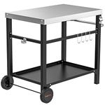 onlyfire BBQ Serving Trolley Table, Stainless Steel Flattop Worktable, Double-Shelf with Utensil Holder for Outdoor Grilling and Cooking