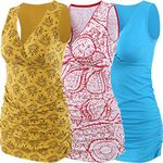 ZUMIY Maternity Nursing Top, Pregnant Breastfeeding Shirt, Women's Cotton V Neck Ruched Waist Double Layered Tank (Large, Red+Yellow+Lake Blue/3-pk)