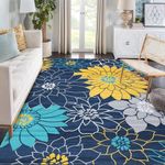 ROYHOME Washable Rug 5x7 Modern Floral Distressed Area Rug Bohemian Farmhouse Indoor Carpet Super Soft Ultra-Thin Rug with Non Slip Backing for High Traffic Areas in Living Room, Navy