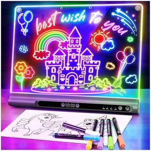 16“ Rechargeable LED Drawing Board, 9-Color Light Modes with Timer & Built-in Stand, Neon Art Dry Erase Glow Up Doodle Note Pad, Sketching Gift Toy for Kids/Girls/Teens, 6 Markers & Tracing Book