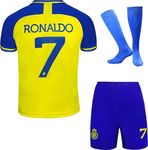 Soft Gardin No #7 Nassr Riyadh Al Home Football Soccer Jersey/Shorts Socks Gift Set for Fans Youth Sizes (Blue/Yellow, 26.)