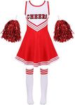 iEFiEL Kids Girls Cheer Leader Fancy Outfit Cheerleading Uniform Tank Pleated Dress with Pom Pom Knee High Sock Red 7-8 Years