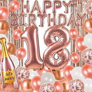 PartyWoo 18th Birthday Decorations, 29 pcs Rose Gold Party Decorations, Happy Birthday Balloons, Number 18 Balloons, 6.6 ft Foil Curtain, Latex Balloons, Happy Birthday Decorations for Women