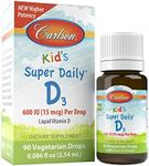 Carlson - Kid's Super Daily D3, Kids Vitamin D Drops, 600 IU (15 mcg) per Drop, Vegetarian, Liquid Vitamin D Drops for Kids, Unflavored, 90 Drops (2.54 mL)