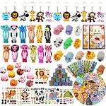 Jungle Safari Party Favors Set 124Pcs Amimal Zoo Safari theme Birthday Party Supplies with Gift Bags, Animal Keychains Clap Bracelet Animal Puzzle Sticker Car Hair Clip Squeezing Stress Toys for Kids