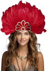 JPXH Feather Headdress Crown with Plumes, Silver Sequined Tiara Design, Showgirl Carnival Costume Headpiece (red1)