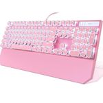 Typewriter Style Mechanical Gaming Keyboard, Pink Retro Punk Gaming Keyboard with White Backlit, 104 Keys Blue Switch Wired Cute Keyboard, Round Keycaps for Windows/Mac/PC