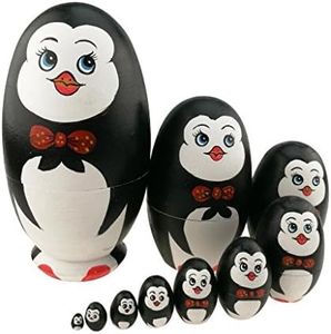 Set 10 Pcs Cute Animal Theme Penguin Egg Shape Wooden Handmade Nesting Dolls Matryoshka Dolls for Kids Toy Penguin Gift