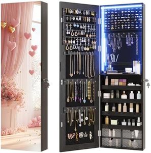 Vlsrka 47.2" LED Jewelry Armoire Organizer, Wall/Door Mounted with Full Length Mirror, Large Storage Hanging Cabinet, 4 Drawers, 5 Shelves, Built-in Lighted Mirror (Wood Black)