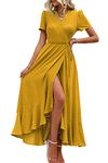 PRETTYGARDEN Women's Summer Wrap Maxi Dress Casual Boho Floral V Neck Short Sleeve Ruffle Hem Split Beach Long Dresses (Z_Turmeric,Medium)