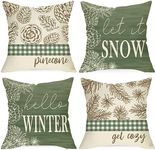 Ussap Hello Winter Pine Cone Decorative Throw Pillow Covers 18x18 Set of 4, Let It Snow Pine Leaves Green Buffalo Plaid Check Cushion Case Decor, Get Cozy Farmhouse Christmas Holiday Home Decor PC