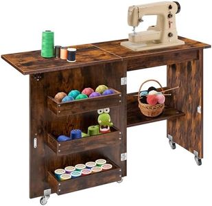 VIVOHOME Folding Sewing Craft Table, Rolling Sewing Machine Desk with Storage Shelves, Sewing Cabinet with Lift for Small Spaces, Rustic Brown