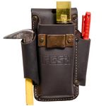 FESA Small Leather Tool Pouch - 4-in-1 Heavy Top Grain Leather Small Tool Pouch with a Steel Tape Measure Clip, 3 Pockets & Reinforced Heavy Duty Rivets - Fits Belts up to 3" - Handcrafted (Brown)