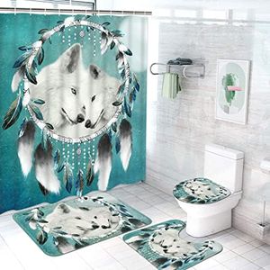 Ikfashoni 4 Pcs Wolf Shower Curtain Sets with Non-Slip Rug, Toilet Lid Cover and Bath Mat, Wolf Dream Catcher Shower Curtain with 12 Hooks, Green Fabric Animal Shower Curtain for Bathroom