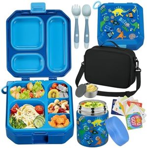 wiwens Bento Lunch Box for Kids with 12oz Soup Thermo Leak-Proof Lunch Food Container with 5 Compartment Thermo Hot Food Jar and Insulated Lunch Bag for Kid Toddler Girls Boys to School