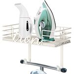 TJ.MOREE Ironing Board Hanger Wall Mount - Laundry Room Decor Iron and Ironing Board Holder, Metal Wall Mount with Large Storage White Wooden Base Basket and Removable Hooks (White)