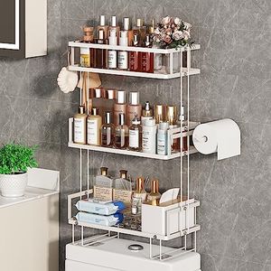 Godboat Bathroom Organizers and Storage, 3-Tier Over The Toilet Storage, Wall Shelf with Paper Holder and 2 Hooks, No Drilling Cool Decor and Home Decor, Gifts for Women, Mom, Mothers Day (White)