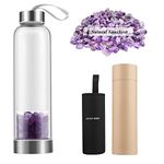 Crystal Glass Water Bottle, Crystal Water Bottle Amethyst, 17oz Healing Crystal Infused Water Bottle with Removable Amethyst Crystal and Protective Sleeve